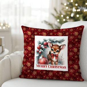 Frosty Christmas scene baby fawn Christmas pillow 