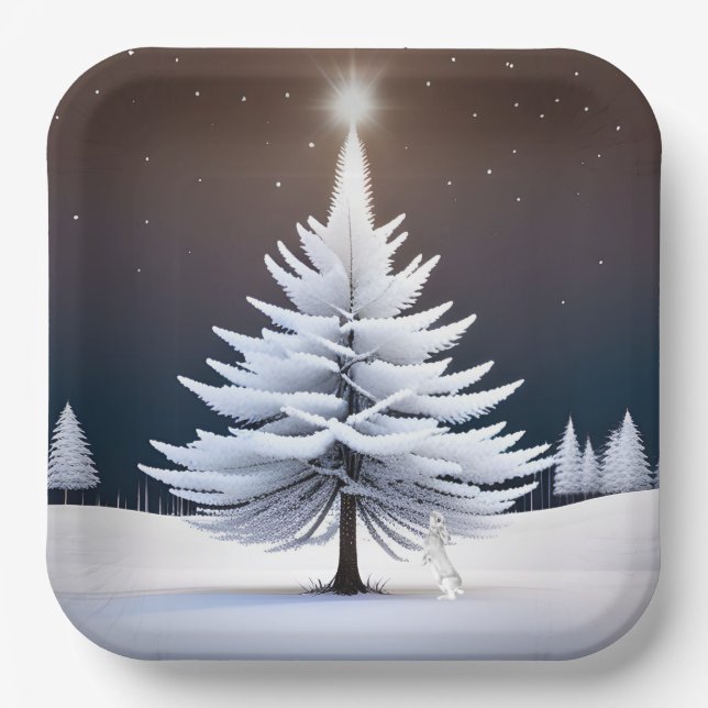 Frosty Christmas Tree With Bunny Paper Plate (Front)