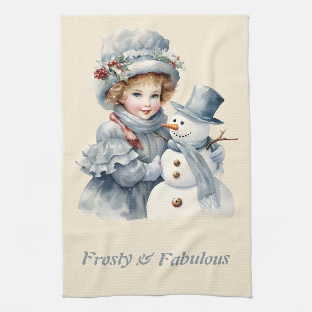 Frosty & Fabulous Cute Girl Snowman Christmas Tea Towel (Vertical)