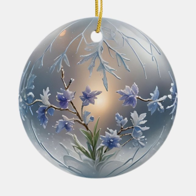 Frosty floral orament ai art ceramic ornament (Front)