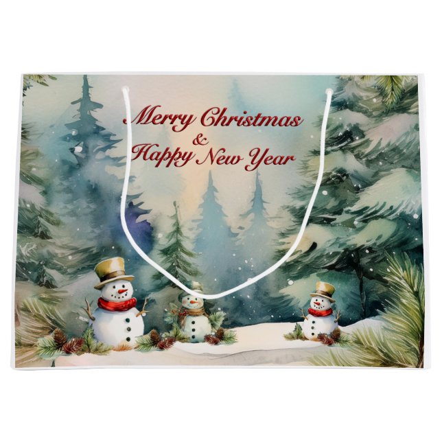 Frosty Forest Memories: Snowman & Pine Trees Large Gift Bag (Front)
