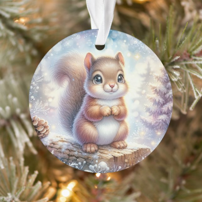 Frosty Forest Squirrel with Fluffy Tail Ornament (Tree)