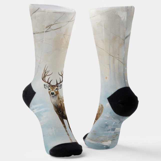 Frosty Forest Woodland Deer Socks (Angled)