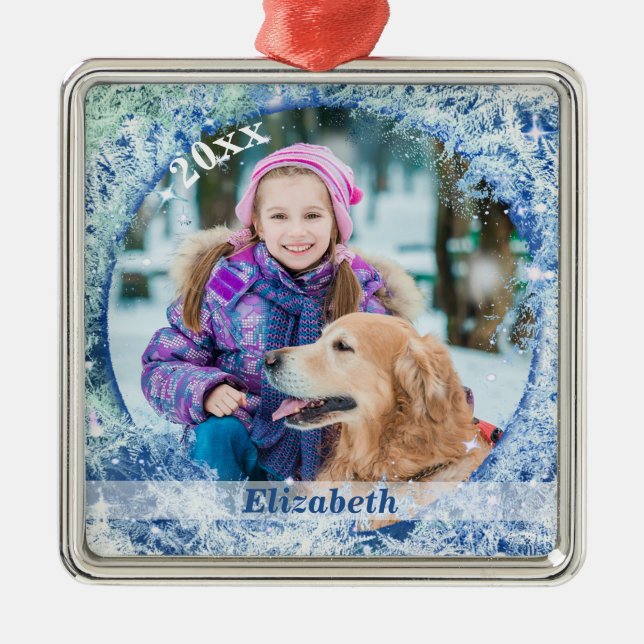 Frosty Frozen Photo Frame Personalised Metal Tree Decoration (Front)