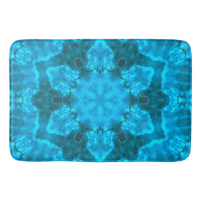 Frosty Ice Blue Snowflake Kaleidoscope Pattern Bath Mat (Front)