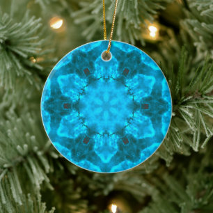 Frosty Ice Blue Snowflake Kaleidoscope Pattern Ceramic Ornament