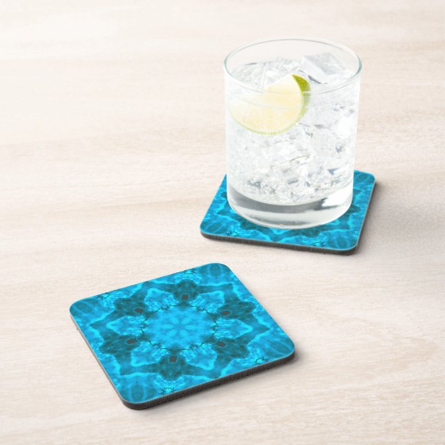 Frosty Ice Blue Snowflake Kaleidoscope Pattern Coaster (Right Side)