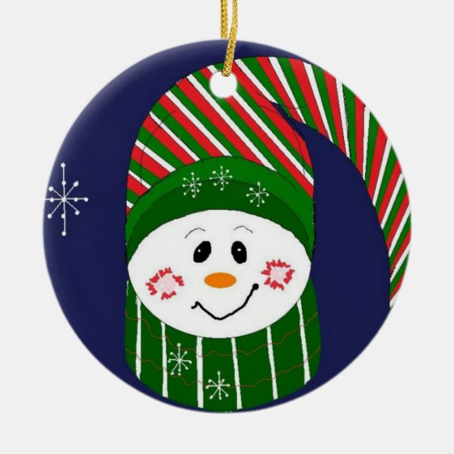 Frosty in Striped Hat and Scarf Ceramic Tree Decoration (Front)