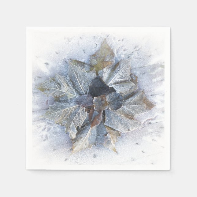 Frosty leaves in winter snow grey white brown napkin (Front)