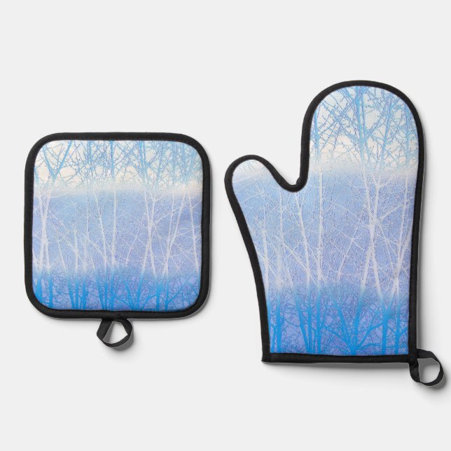 Frosty MIsty Trees Baby Blue Oven Mitt & Pot Holder Set (Front)