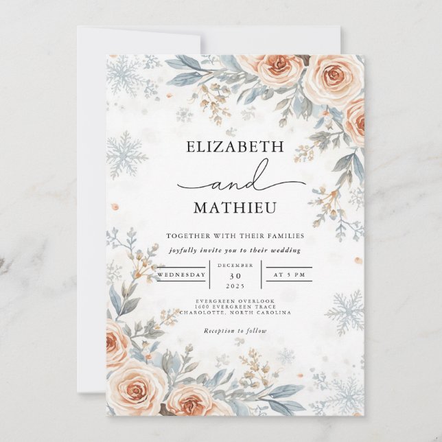 Frosty Peach Botanical Winter Wedding Invitation (Front)