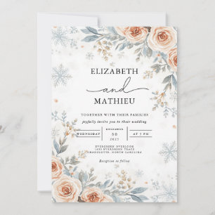 Frosty Peach Botanical Winter Wedding Invitation