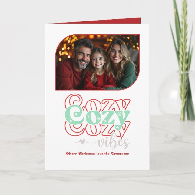 Frosty Peppermint Cosy Vibes Retro Christmas Photo Holiday Card (Front)