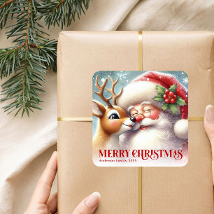 Frosty Personalized Santa and Rudolph Holiday Kids Square Sticker