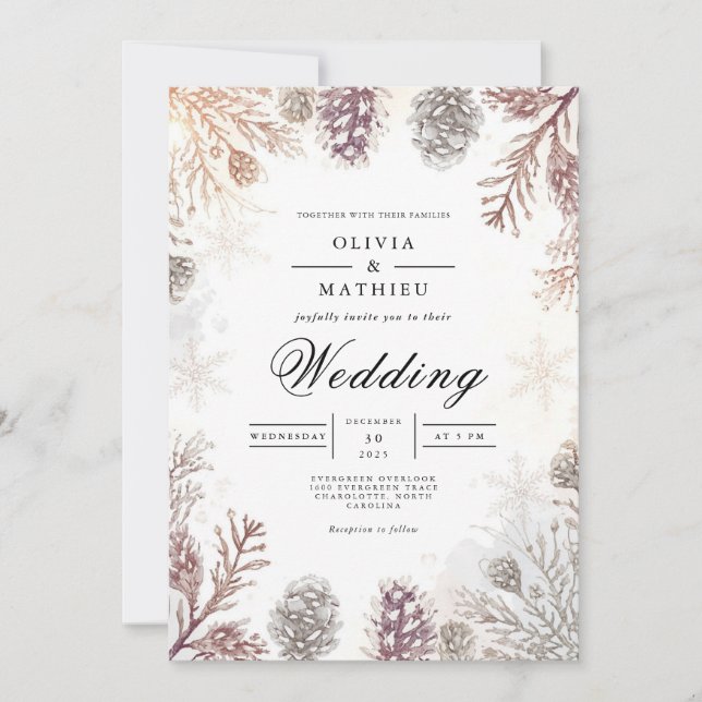 Frosty Pinecone Winter Wedding Invitation (Front)