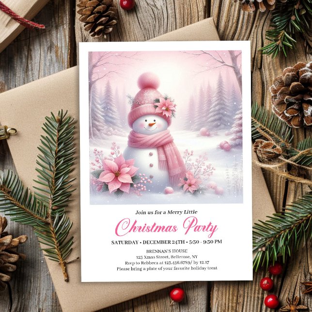 Frosty Pink Coquette Snowman Digital Christmas  Invitation (Frosty Pink Coquette Snowman Digital Christmas Kids Invite)