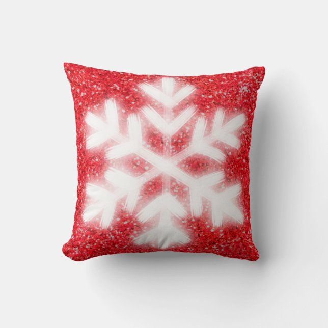 Frosty red North Pole snowflakes | sparkling snow Cushion (Front)
