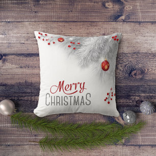 Frosty Silver Bough Red Decorations Christmas Cushion