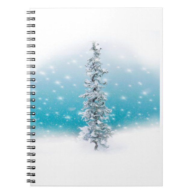 Frosty snow scene pine tree snowflakes notebook (Front)