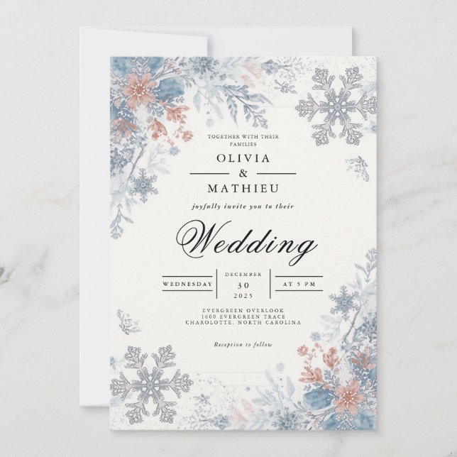 Frosty Snowflake Winter Romance Wedding Invitation (Front)