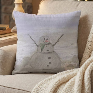 Frosty Snowman At The Beach Cushion