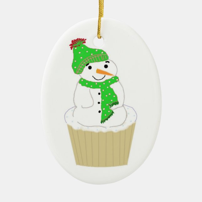 Frosty Snowman Cupcake Ceramic Ornament (Front)
