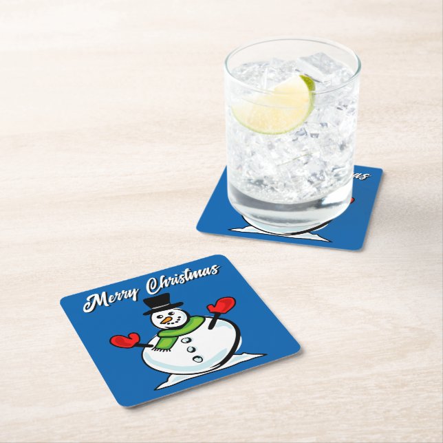 Frosty snowman custom Christmas Square Paper Coaster (Insitu)