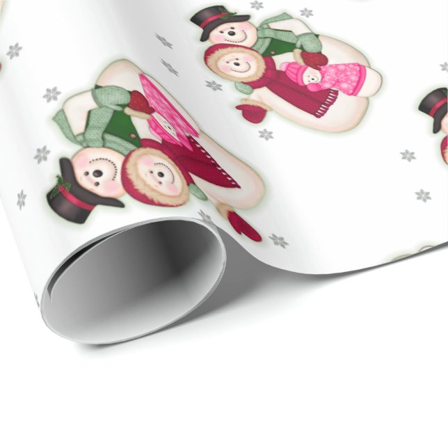 Frosty Snowman Family - Pink Wrapping Paper (Roll Corner)