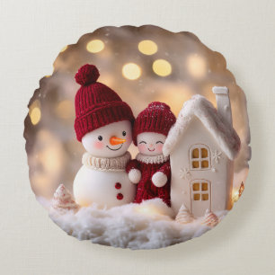 Frosty Snowman Siblings Winter Joy Round Cushion