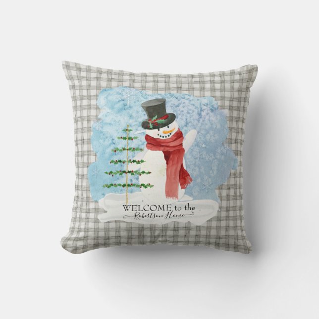Frosty Snowman Winter Christmas Grey White Plaid Cushion (Front)