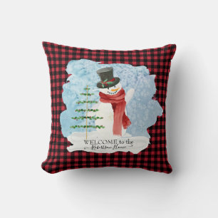 Frosty Snowman Winter Christmas Red Black Plaid Cushion