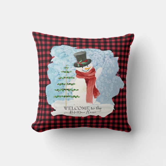 Frosty Snowman Winter Christmas Red Black Plaid Cushion (Front)