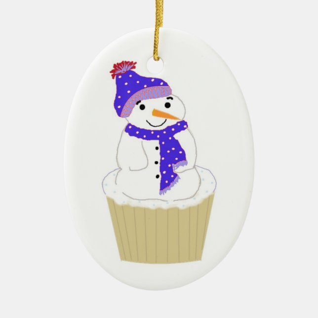 Frosty Snowman with Blue Accessories Ceramic Ornament (Front)