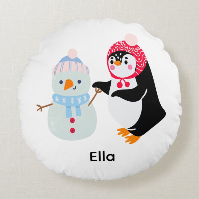 Frosty the Snowman and Penguin Round Cushion (Front)