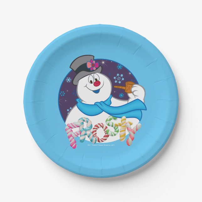 Frosty the Snowman™ | Colourful Candy Cane Name Paper Plate (Front)