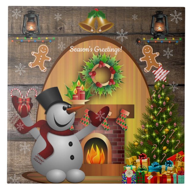 Frosty The Snowman Fireplace Christmas Tree  Ceramic Tile (Front)