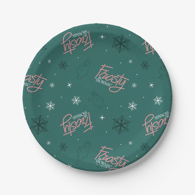 Frosty the Snowman Green Snowflake Pattern Paper Plate (Front)