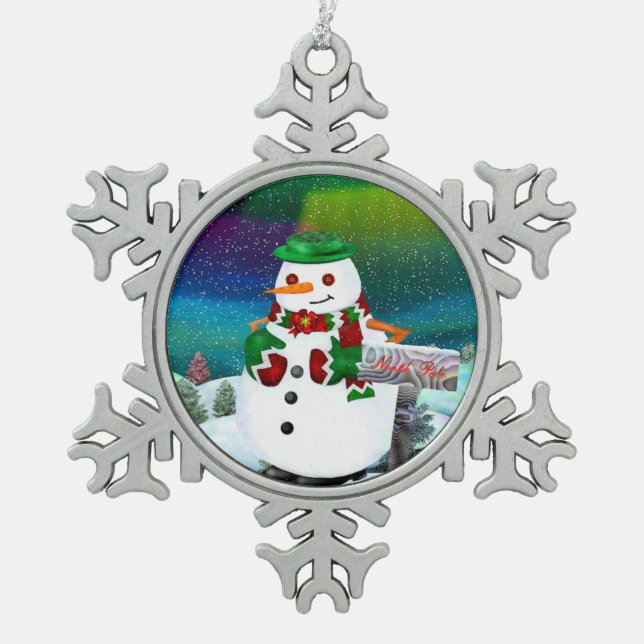Frosty Town Christmas ART Snowflake Pewter Christmas Ornament (Front)