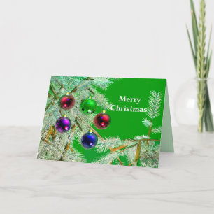 Frosty Tree Branches & Ornaments on Green Holiday Card