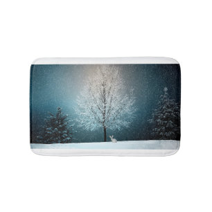 Frosty tree in the evening bath mat