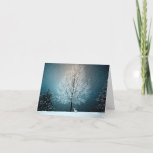 Frosty tree in the evening holiday card