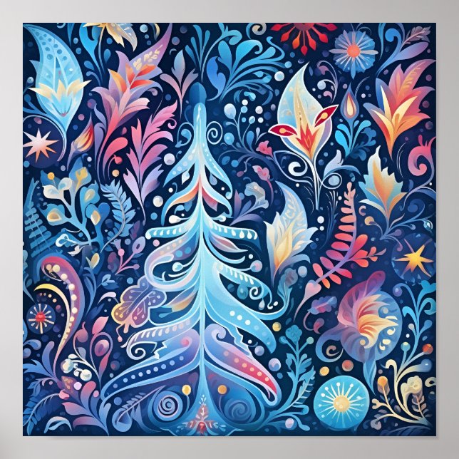 Frosty whimsical fantasy Christmas pattern Poster (Front)