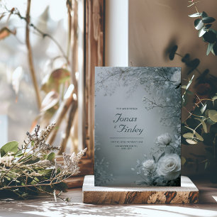 Frosty White Rose and Dusty Gray Winter Wedding Invitation
