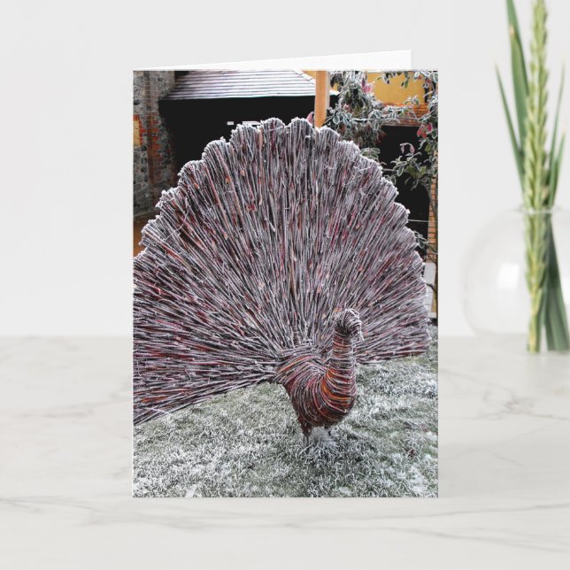 Frosty wickerwork peacock holiday card (Front)