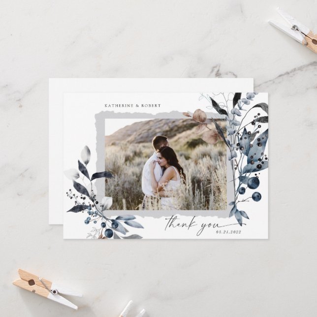 Frosty Winter Floral Thank You Wedding Card (Front/Back In Situ)
