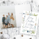Frosty Winter Foliage Folded Photo Christmas  Holiday Card<br><div class="desc">This elegant and classic holiday photo card features beautiful watercolor eaves, berries, and other greenery over a simple white background on the front. The greeting on the front says "Merry Christmas & Happy New Year" in a modern calligraphy script. The inside of the card has your photo and a simple...</div>
