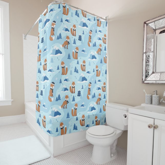 Frosty Winter Foxes Shower Curtain (In Situ)