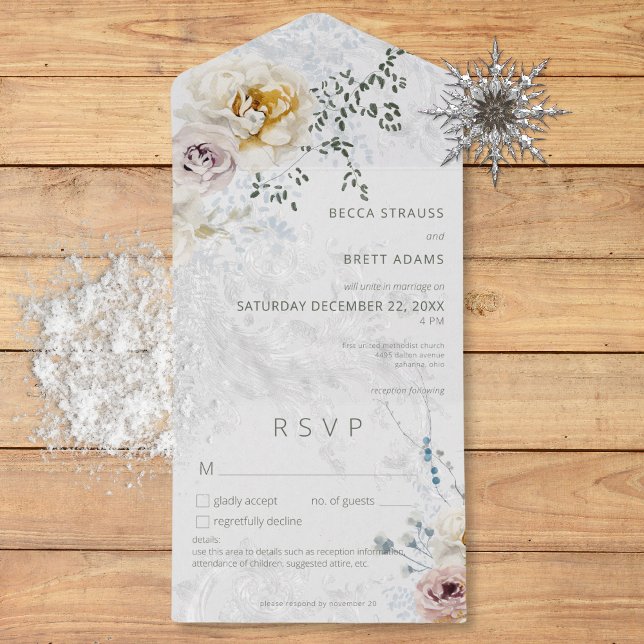 Frosty Winter Pastel Floral Modern Details All In One Invitation (Frosty Winter Pastel Floral Modern Details All In One Invitation)