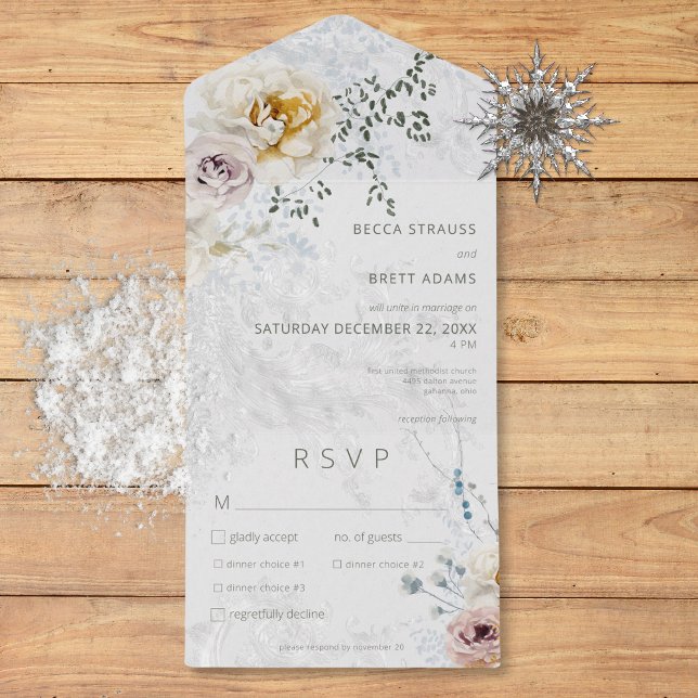 Frosty Winter Pastel Floral Modern Three Dinner All In One Invitation (Frosty Winter Pastel Floral Modern Three Dinner All In One Invitation)