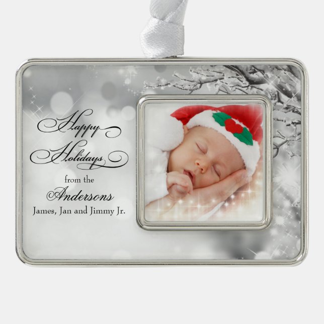 Frosty Winter Snow Personalised Photo Silver Plated Framed Ornament (Front)